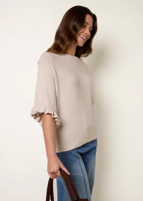 Blue Vanilla Beige Knitted Frill Sleeve Batwing Jumper - One Size Image 1