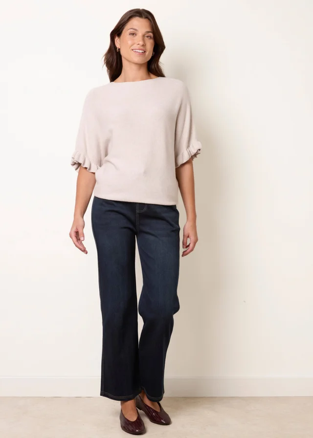Blue Vanilla Beige Knitted Frill Sleeve Batwing Jumper