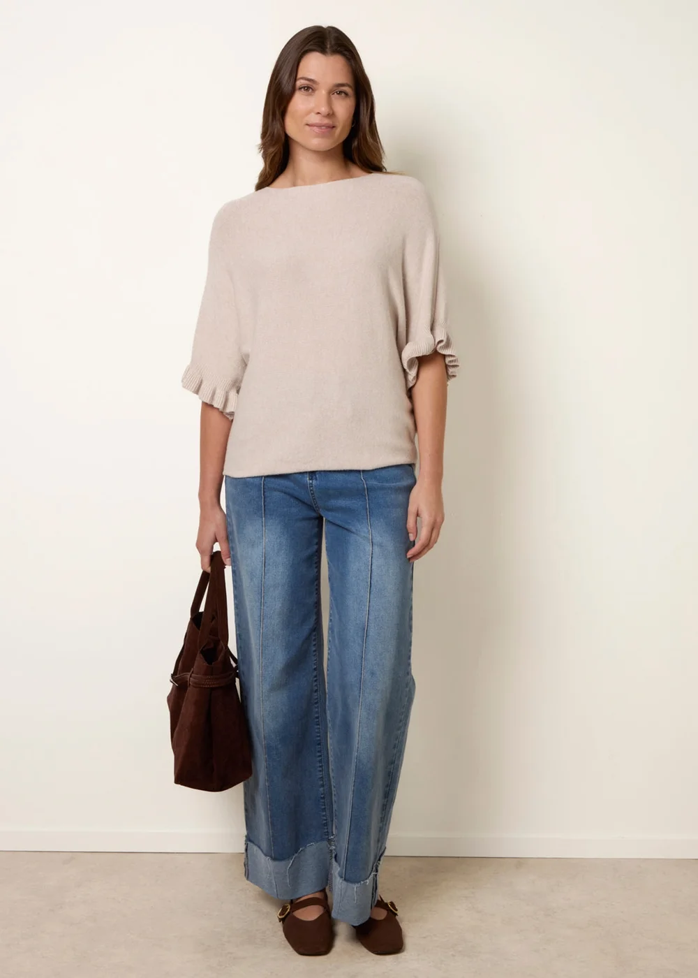 Blue Vanilla Beige Knitted Frill Sleeve Batwing Jumper - One Size Image 2