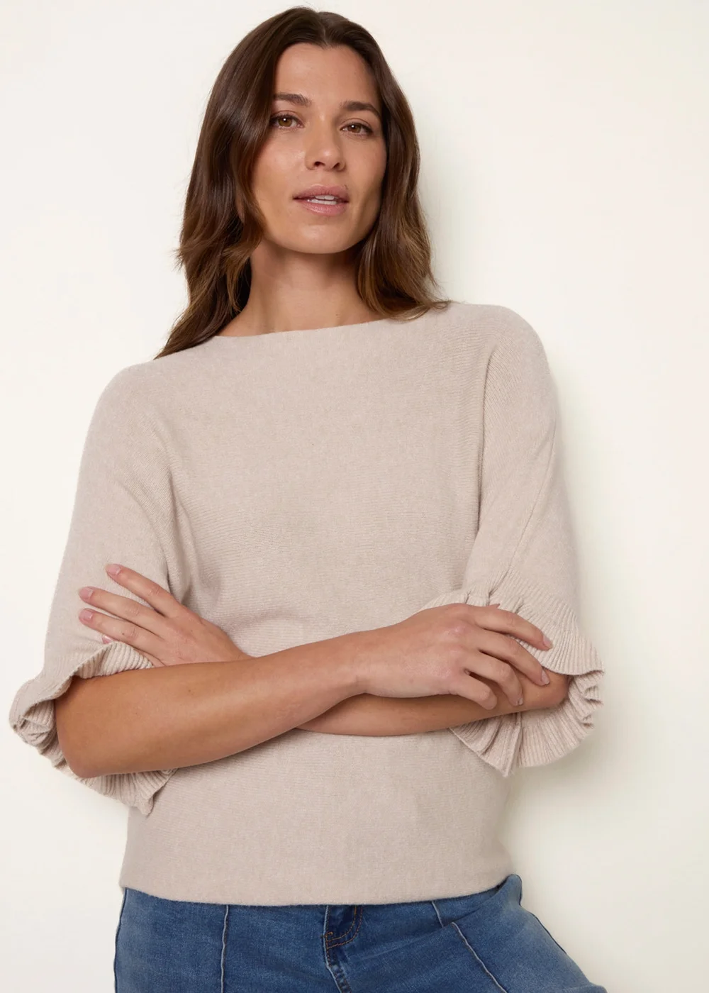 Blue Vanilla Beige Knitted Frill Sleeve Batwing Jumper - One Size Image 3