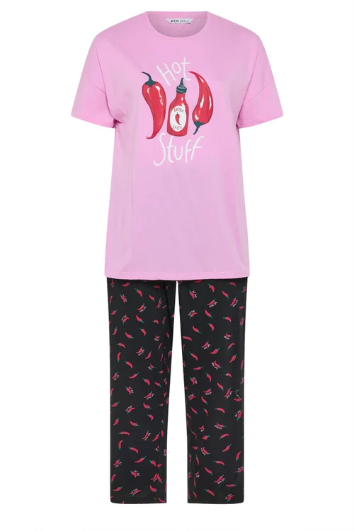 Yours Curve Pink 'Hot Stuff' Wide Leg Striped Pyjama Set - Size 14-16 Image 5