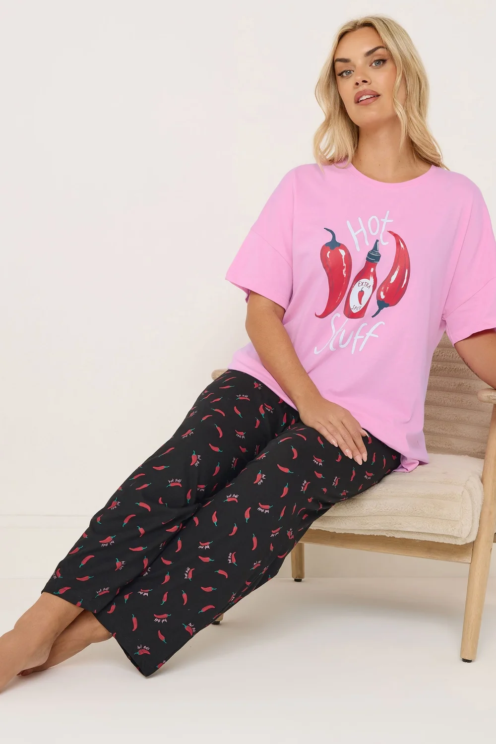 Yours Curve Pink 'Hot Stuff' Wide Leg Striped Pyjama Set - Size 14-16 Image 2