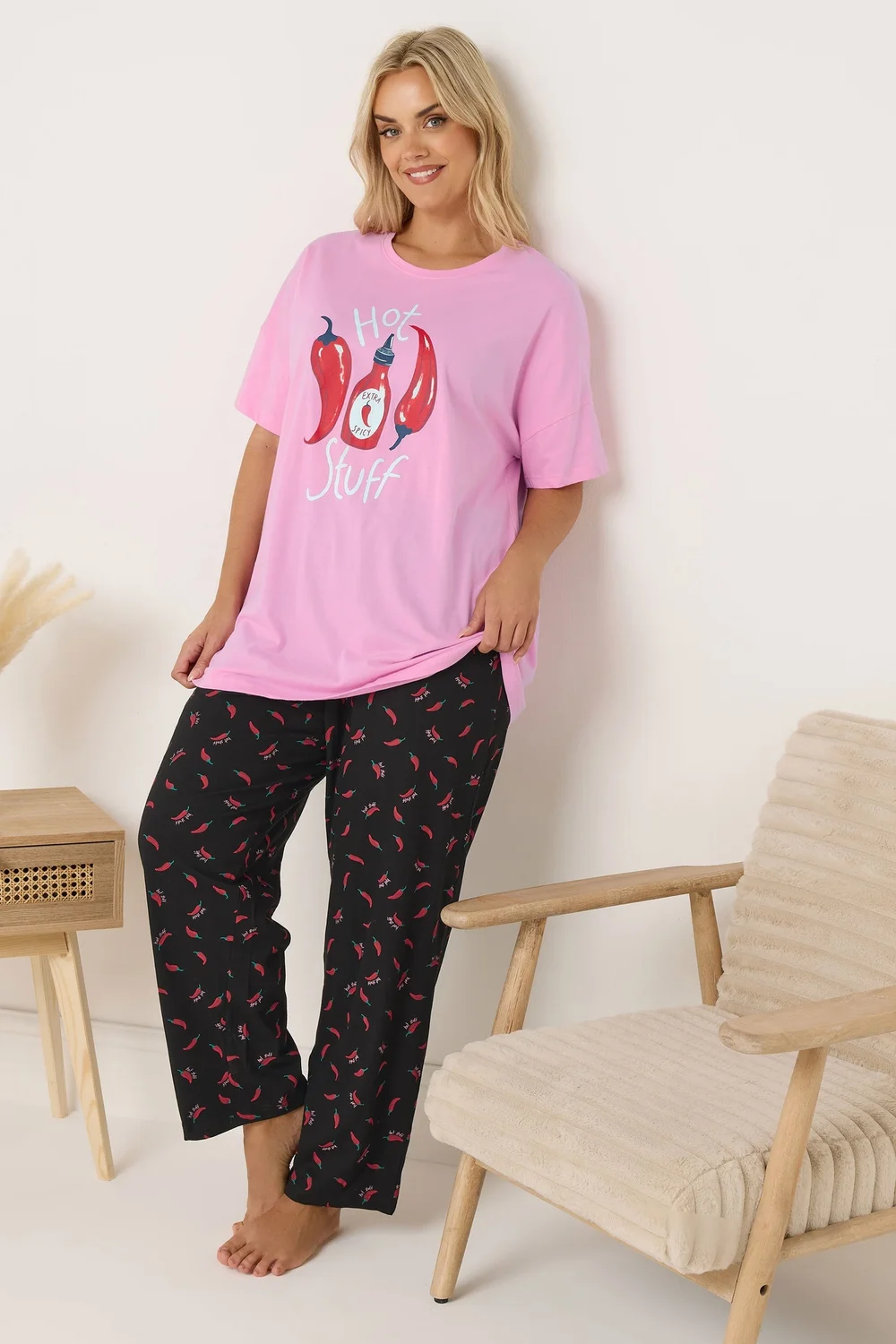 Yours Curve Pink 'Hot Stuff' Wide Leg Striped Pyjama Set - Size 14-16 Image 1