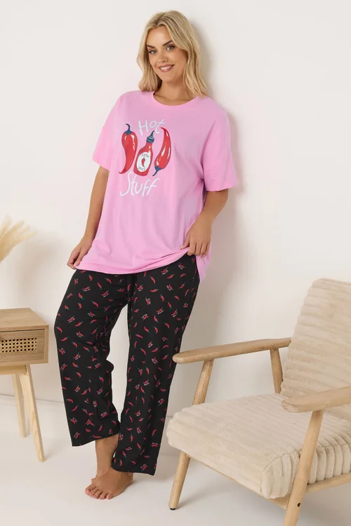 Yours Curve Pink 'Hot Stuff' Wide Leg Striped Pyjama Set - Size 14-16 Image 1
