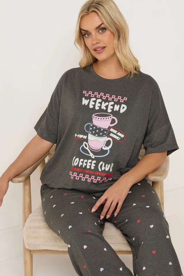 Yours Curve Brown 'Weekend Coffee Club' Wide Leg Pyjama Set