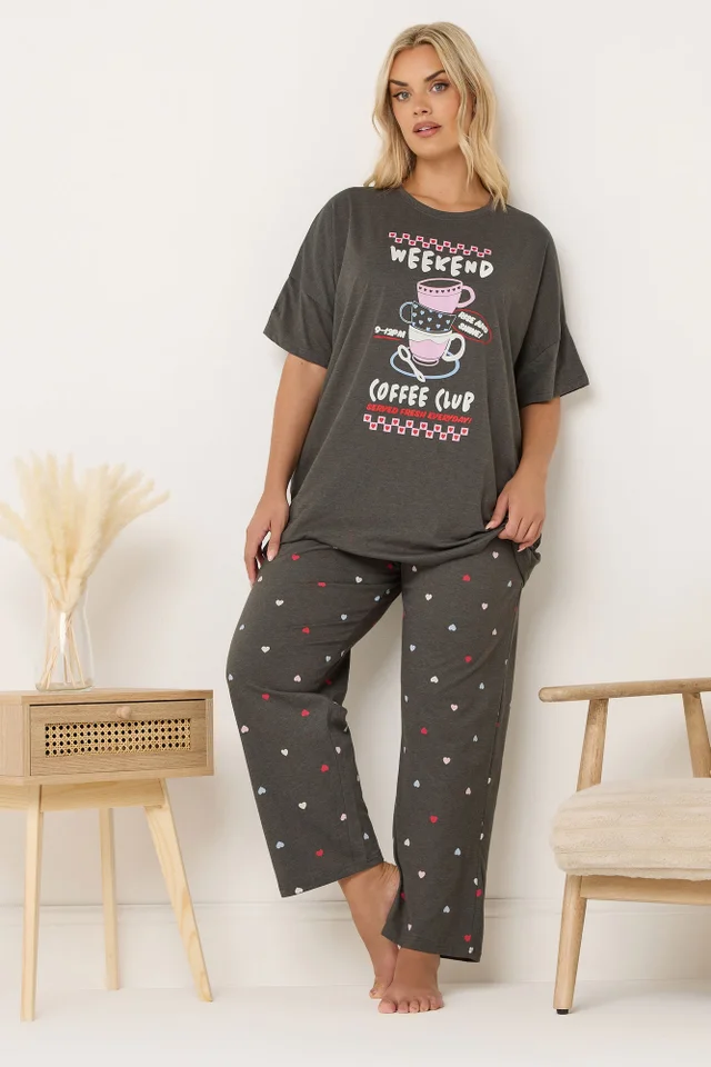 Yours Curve Brown 'Weekend Coffee Club' Wide Leg Pyjama Set