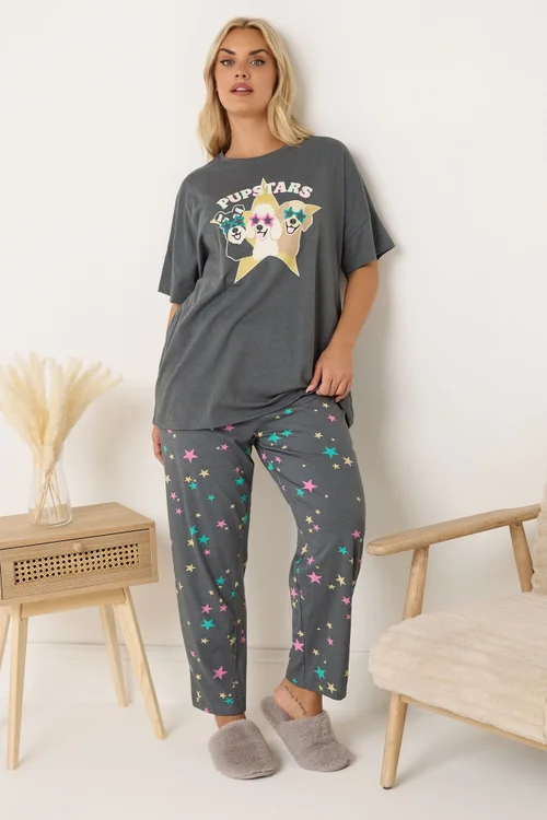 Yours Curve Charcoal Grey 'Pupstars' Pyjama Set - 22-24 Image 1