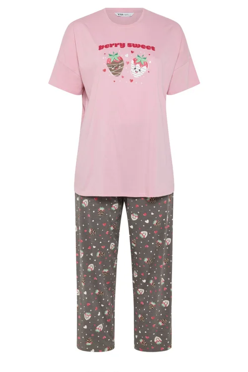 Yours Curve Pink 'Berry Sweet' Wide Leg Pyjama Set - Size 26-28 Image 5