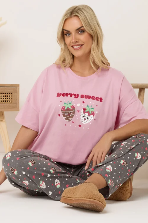 Yours Curve Pink 'Berry Sweet' Wide Leg Pyjama Set - Size 26-28 Image 2