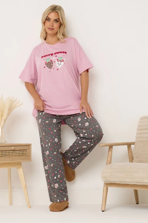 Yours Curve Pink 'Berry Sweet' Wide Leg Pyjama Set - Size 26-28 Image 1