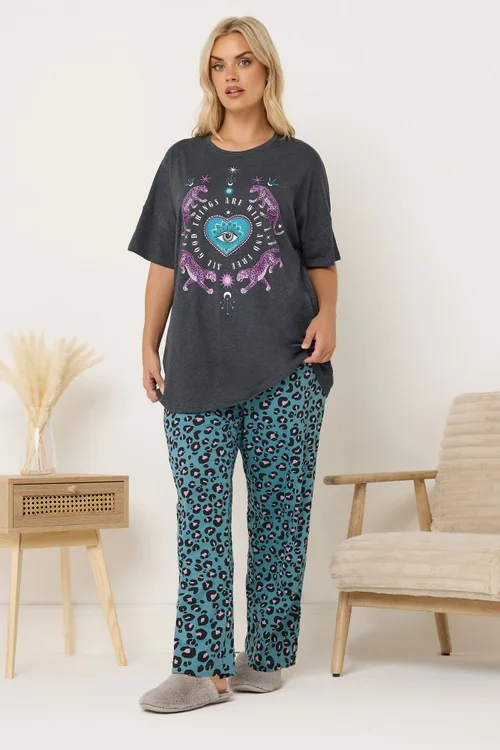 Yours Curve Charcoal Grey 'Wild And Free' Leopard Wide Leg Pyjama Set - 14-16 Image 2