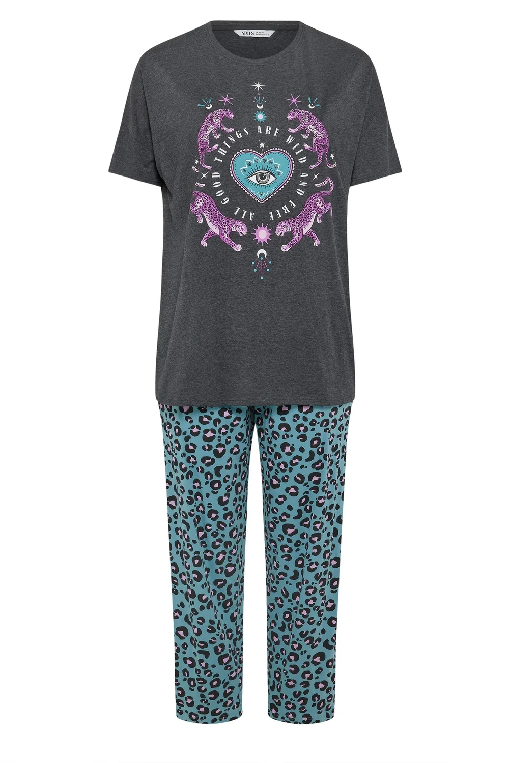 Yours Curve Charcoal Grey 'Wild And Free' Leopard Wide Leg Pyjama Set - 14-16 Image 5