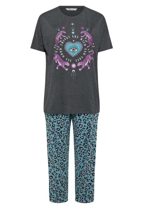Yours Curve Charcoal Grey 'Wild And Free' Leopard Wide Leg Pyjama Set - 14-16 Image 5