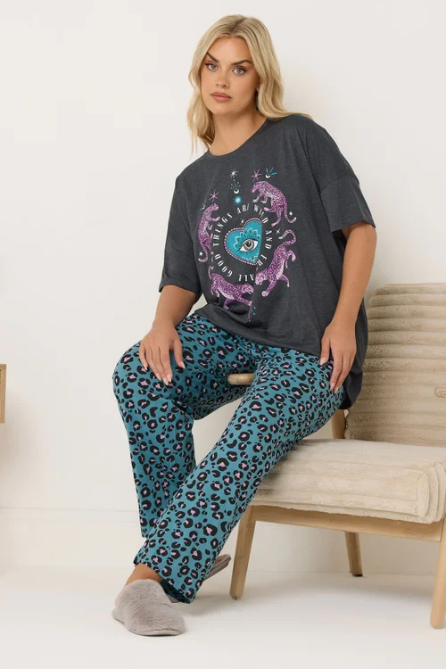 Yours Curve Charcoal Grey 'Wild And Free' Leopard Wide Leg Pyjama Set - 14-16 Image 1