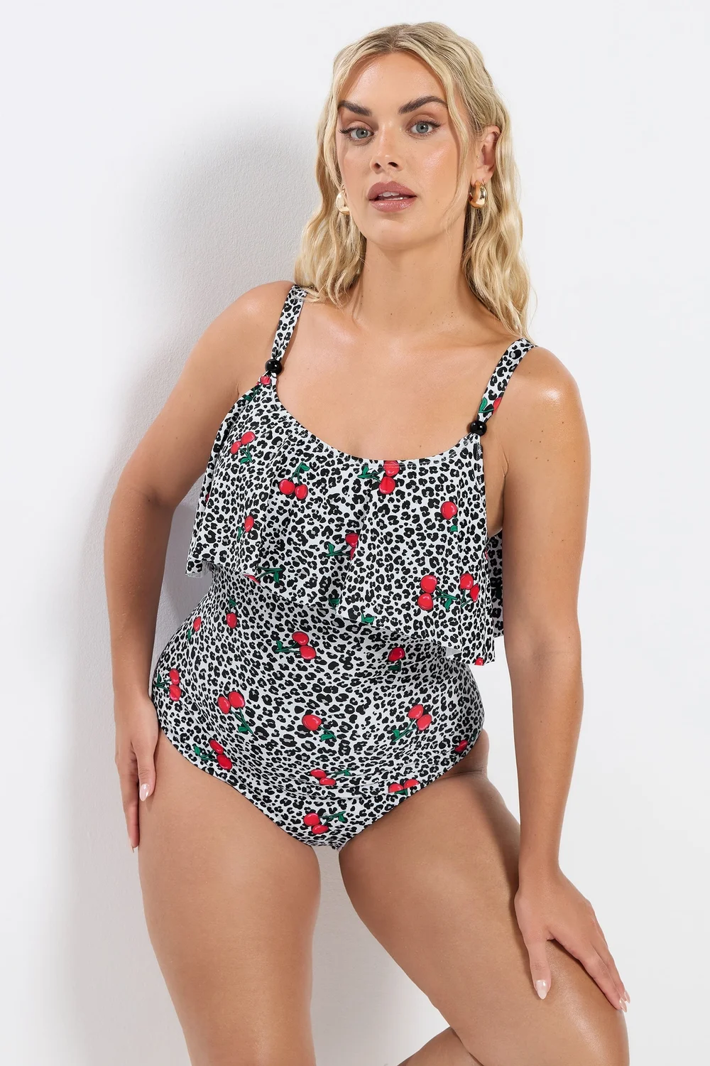 Yours Curve White Leopard Print Frill Swimsuit - 16 Image 1