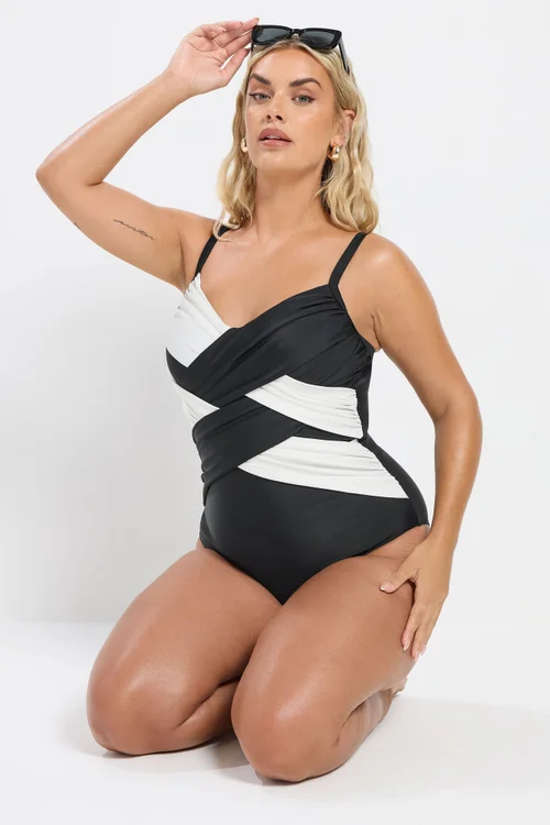 Yours Curve Black & White Contrast Super Sculpt Swimsuit - Size 16 Image 3