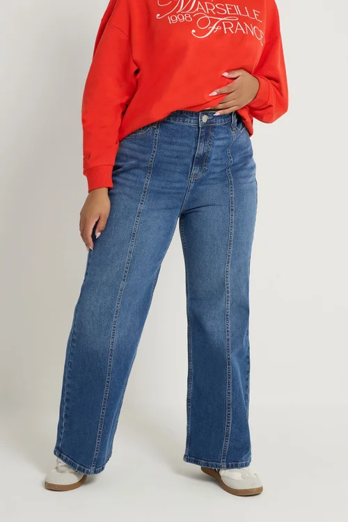 Yours Curve Blue Front Seam Wide Leg Jeans - 28 Image 1