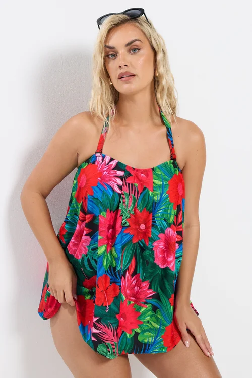 Yours Curve Black Tropical Print Tankini Top - Size 16 Image 4