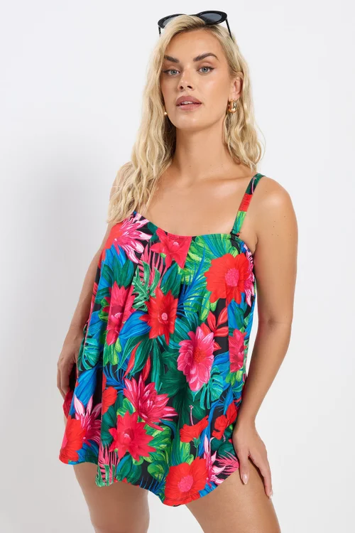 Yours Curve Black Tropical Print Tankini Top - Size 16 Image 2