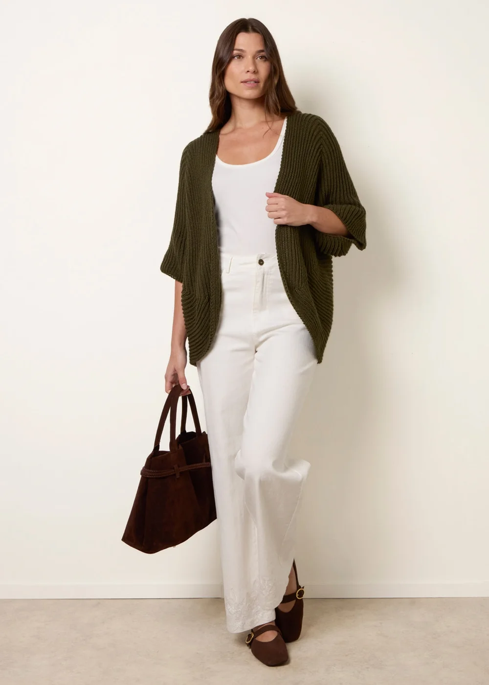 Blue Vanilla Khaki Pointelle Knit Cardigan - M/L Image 2