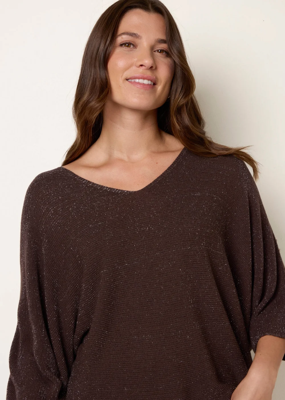 Blue Vanilla Brown Metallic V Neck Knitted Ripple Jumper - One Size Image 3