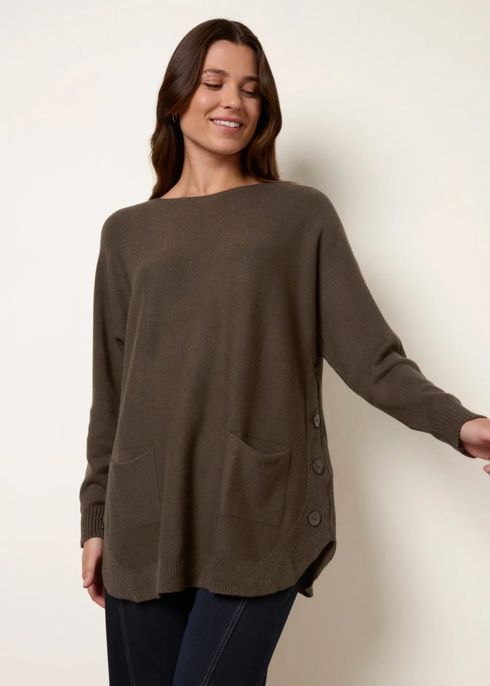 Blue Vanilla Khaki Pocket Slash Neck Jumper - One Size Image 1