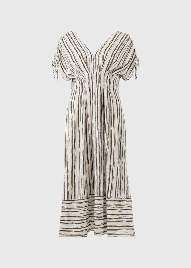 Cream Stripe Cinched Waist Midaxi Dress