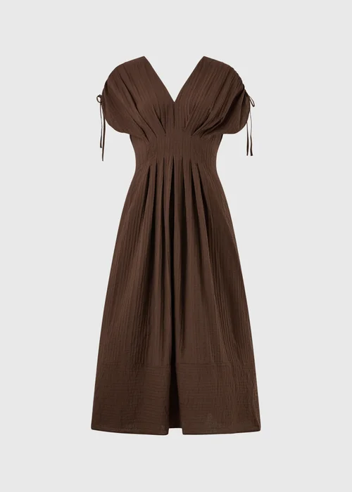 Chocolate Brown Textured Cinched Waist Midaxi Dress - 8 Image 3