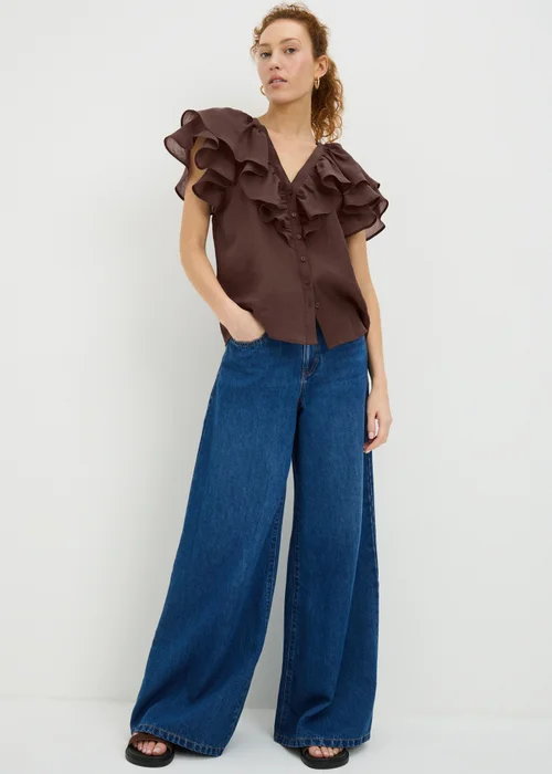 Chocolate Brown Frill Short Sleeve Blouse - 8 Image 1