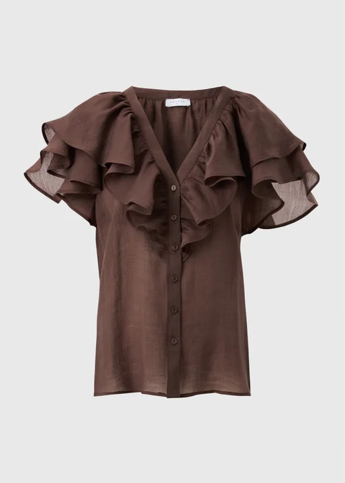 Chocolate Brown Frill Short Sleeve Blouse - 8 Image 4