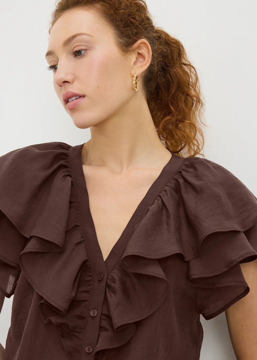 Chocolate Brown Frill Short Sleeve Blouse - 8 Image 2