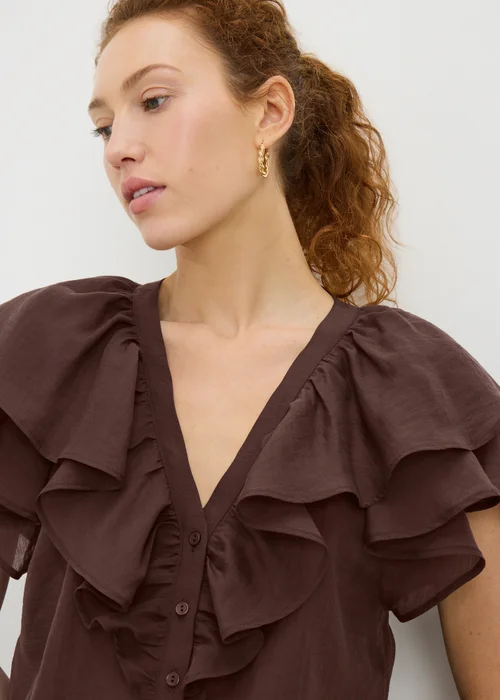 Chocolate Brown Frill Short Sleeve Blouse - 8 Image 2