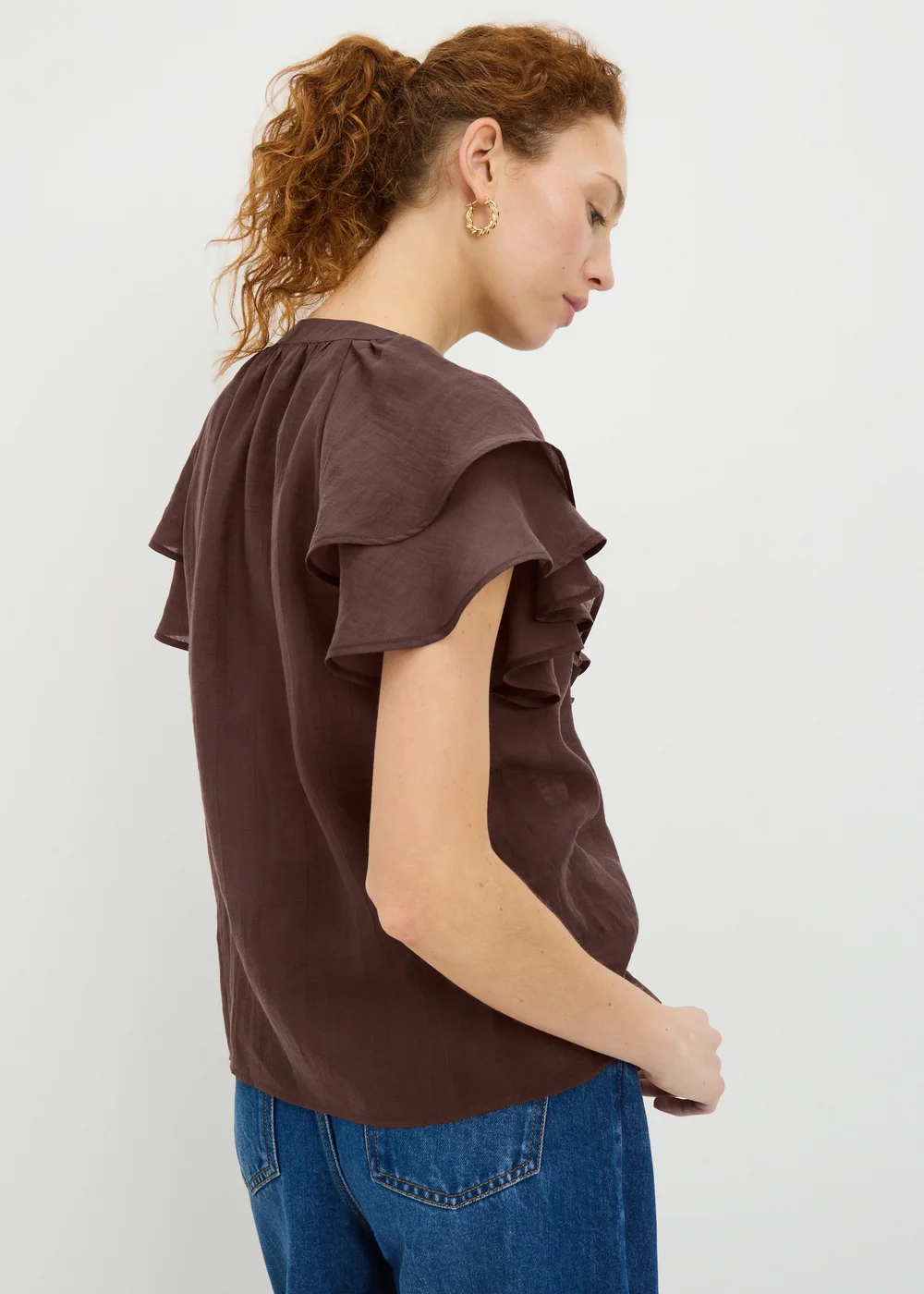 Chocolate Brown Frill Short Sleeve Blouse - 8 Image 3