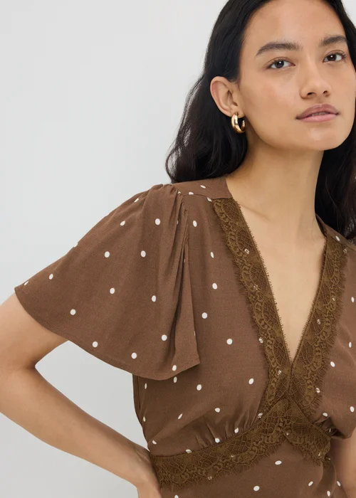 Chocolate Brown Spot Lace Trim Co Ord Tea Top - 8 Image 3
