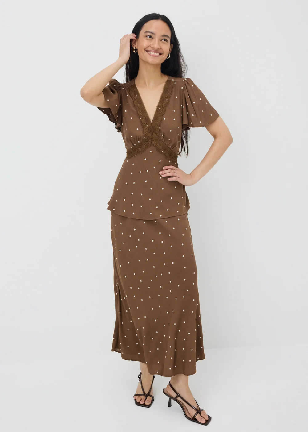 Chocolate Brown Spot Lace Trim Co Ord Tea Top - 8 Image 1