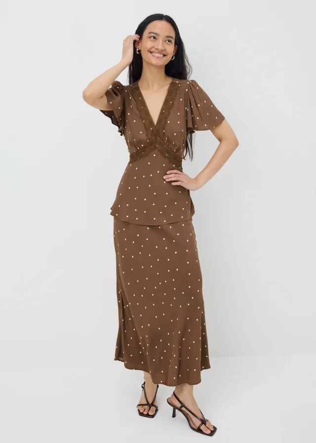 Chocolate Brown Spot Lace Trim Co Ord Tea Top