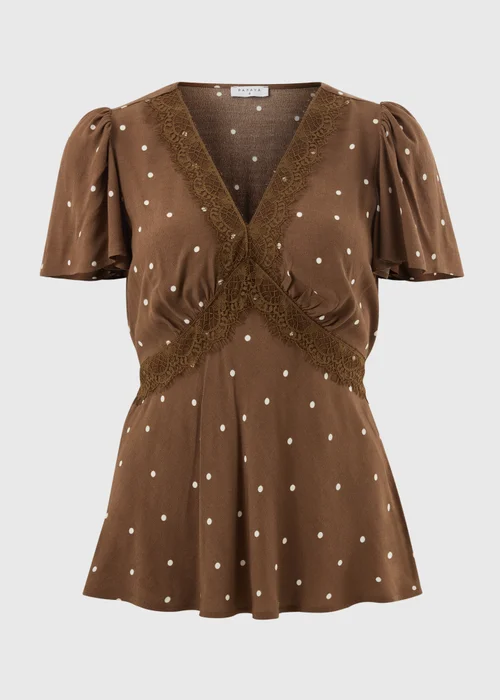 Chocolate Brown Spot Lace Trim Co Ord Tea Top - 8 Image 4