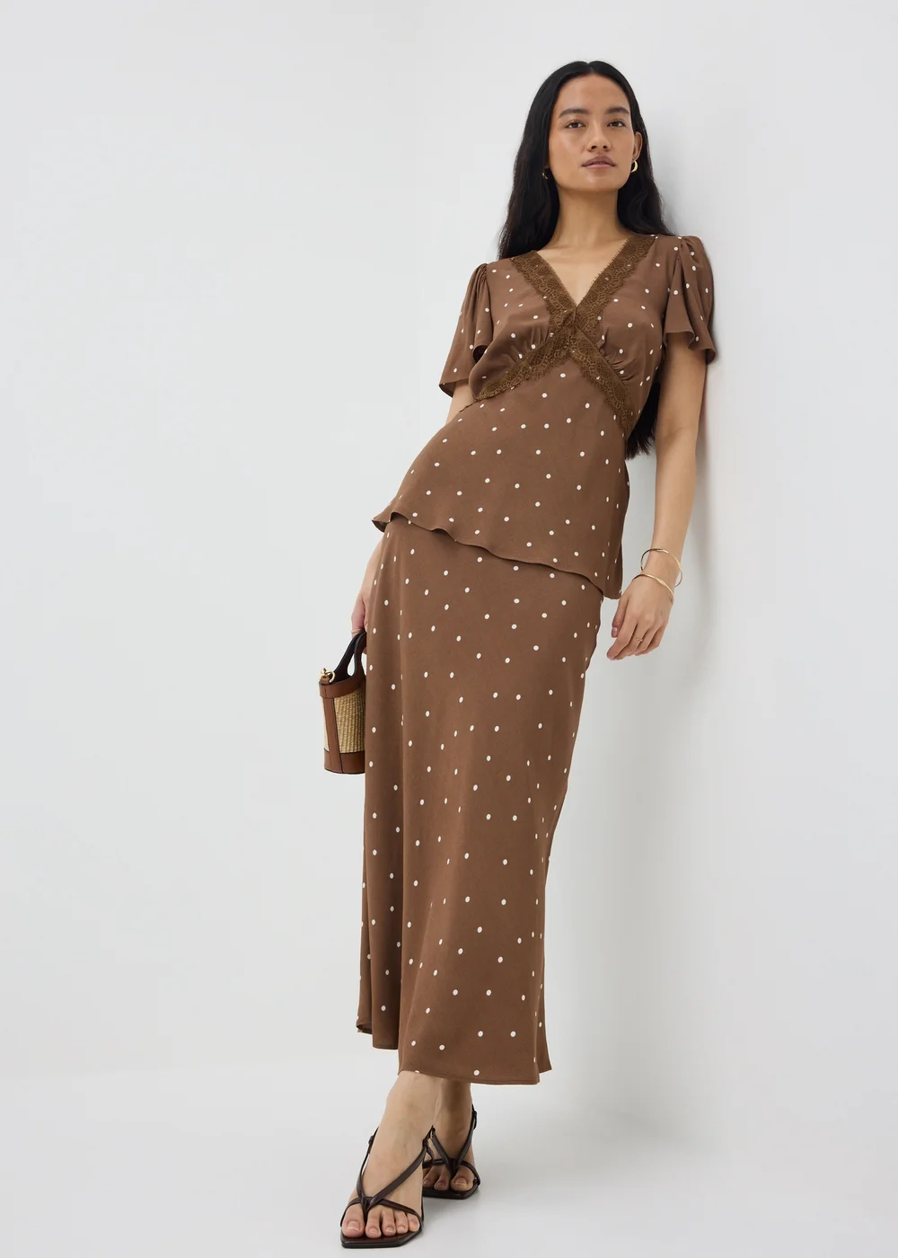 Chocolate Brown Spot Midaxi Co Ord Skirt - 8 Image 1
