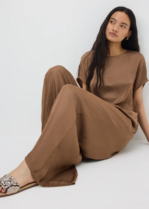 Chocolate Brown Satin Wide Leg Co Ord Trousers - 8 S Image 1