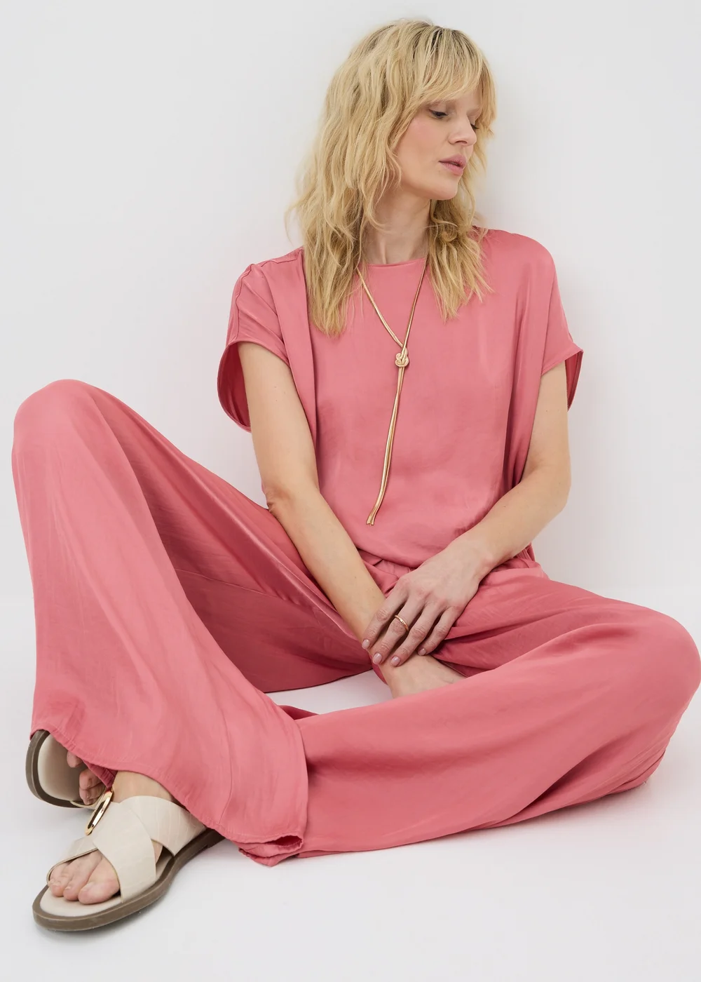 Pink Satin Wide Leg Co Ord Trousers - 8 L Image 2
