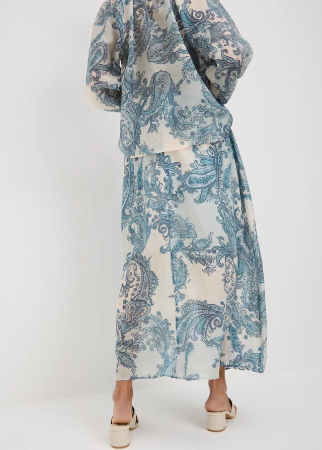 Blue Paisley Shirred Maxi Skirt