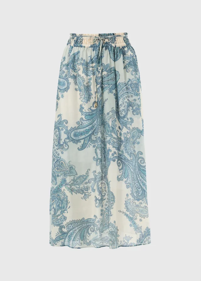 Blue Paisley Shirred Maxi Skirt