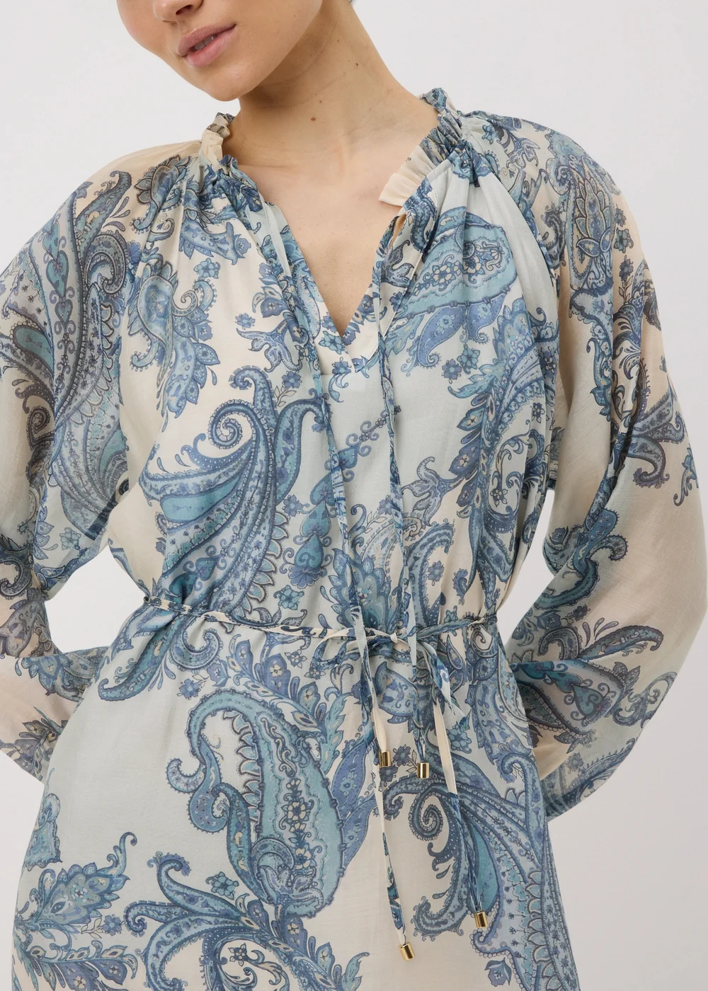 blue paisley shirt dress ASOS DESIGN denim cinch shirt dress with paisley flock in mid blue