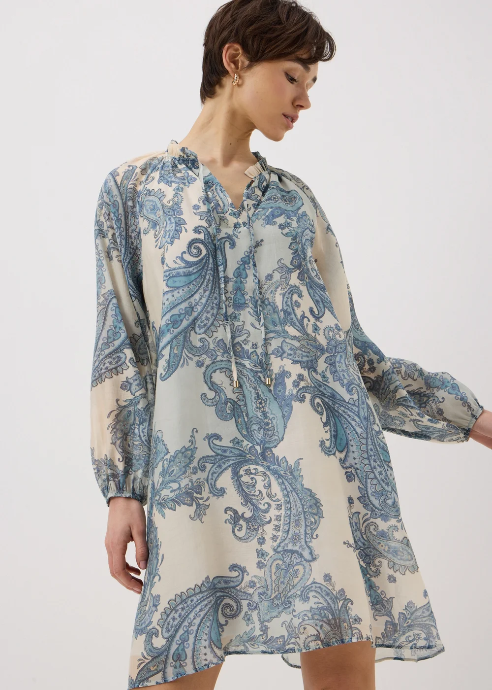 Blue Paisley Tie Neck Mini Shirt Dress - 16 Image 1