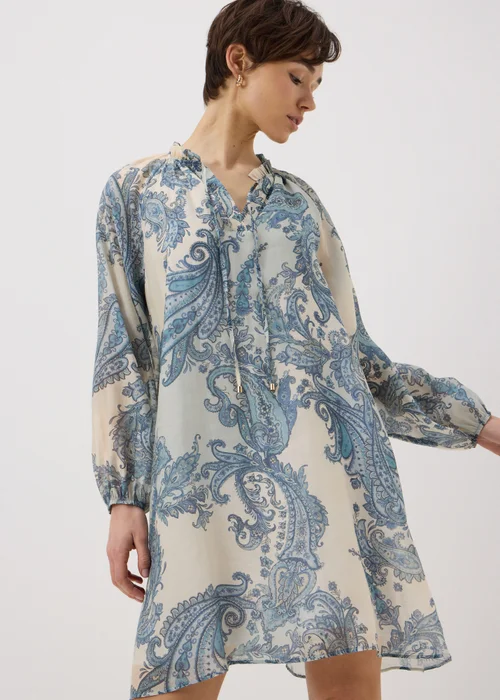 Blue Paisley Tie Neck Mini Shirt Dress - 16 Image 1
