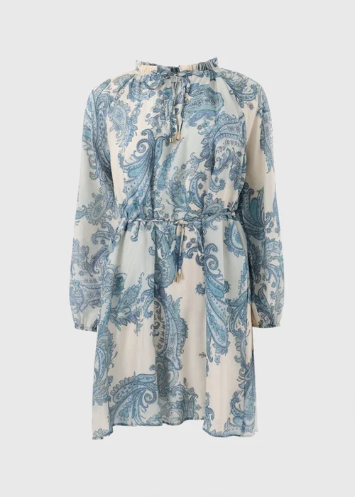 Blue Paisley Tie Neck Mini Shirt Dress - 16 Image 4