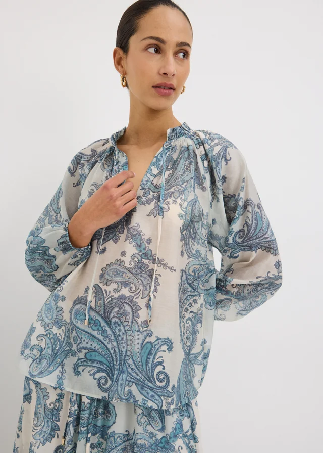 Blue Paisley Tie Neck Co Ord Blouse