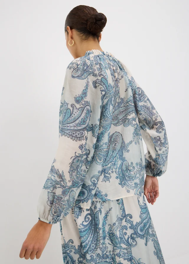 Blue Paisley Tie Neck Co Ord Blouse