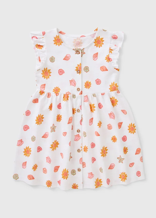 Girls White Shell Flower Button Dress (1-7yrs)