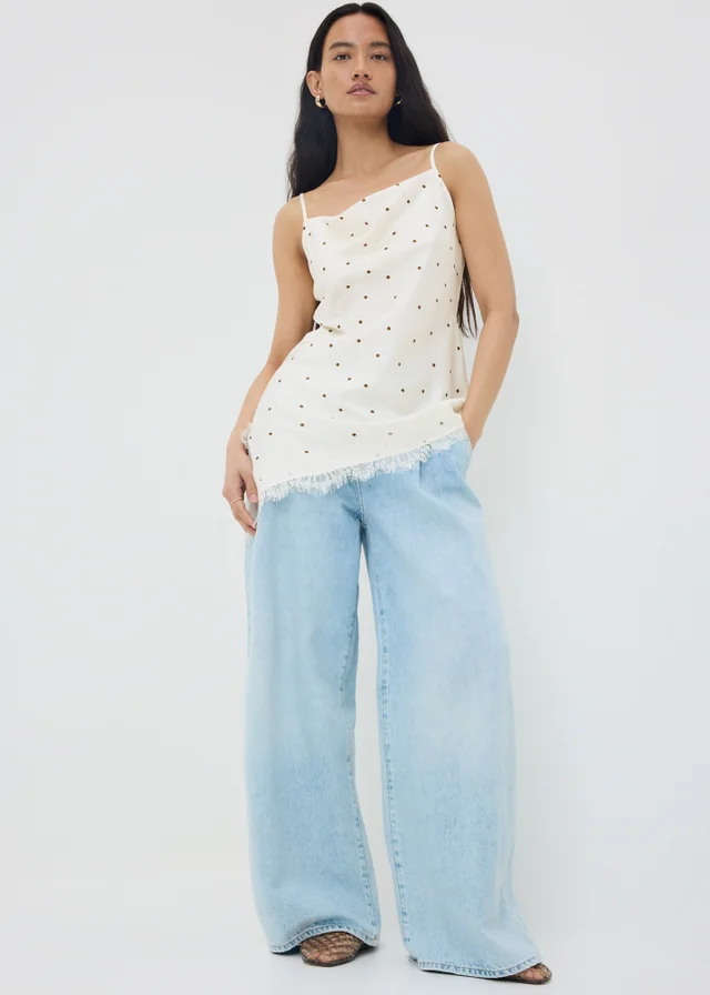 Cream Spot Satin Lace Cowl Longline Cami Top